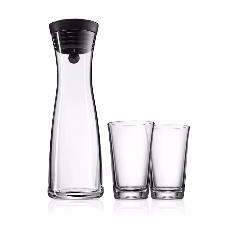 Jarra de agua Basic con 2 vasos WMF transparente de vidrio con tapón y vertido antigoteo