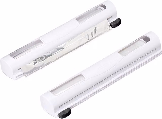 Set de 2 dispensadores y cortadores de film transparente y papel de aluminio Relaxdays, magnéticos y adhesivos, blanco y negro, An/P/Al: 37 x 5 x 8 cm