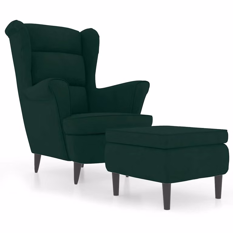 Sillón orejero con taburete de terciopelo verde oscuro vidaXL con estructura de madera y MDF, An/P/Al: 96.5 x 78.0 x 90.0 cm