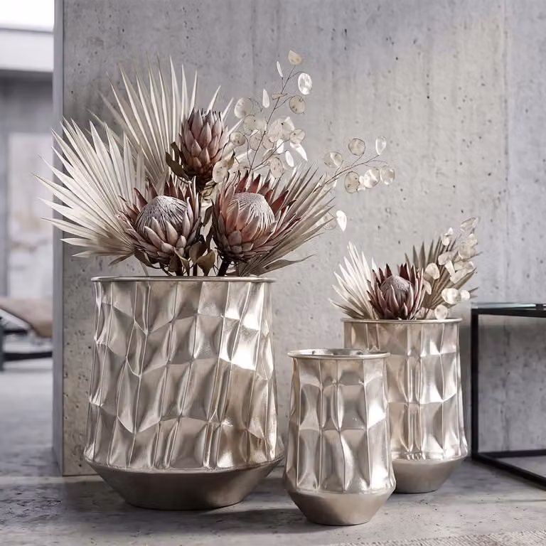 Juego de 3 maceteros redondos de metal Mauro Ferretti en color plata para mesa, Diámetro: 35 cm, Altura: 38,5 cm; Diámetro: 27,5 cm, Altura: 33 cm; Diámetro: 18,5 cm, Altura: 26,5 cm
