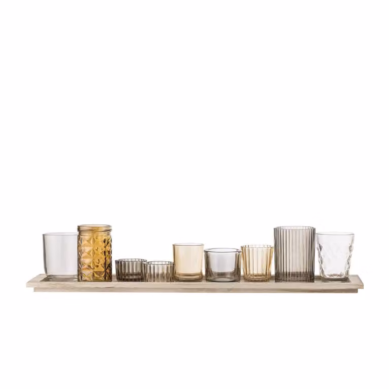 Bandeja rectangular de cristal con sujetavelas Bloomingville en tonos dorado, marrón y multicolor de estilo boho