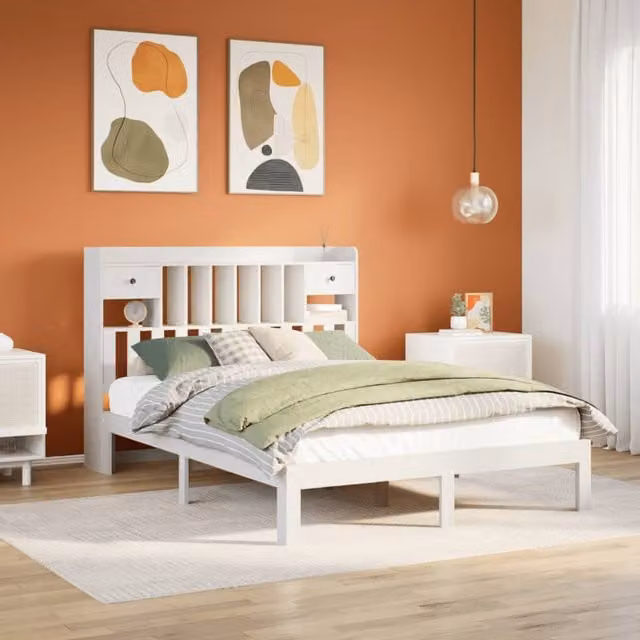 Cama con estantería Maison Exclusive de madera maciza de pino en color blanco de 140x200 cm