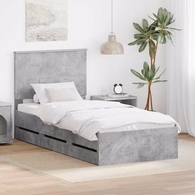 Estructura de cama moderna Maison Exclusive en madera de ingeniería color gris concreto de 90 x 200 cm con cajones