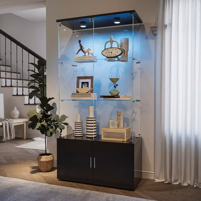 Vitrina de cristal NAHILIMI con iluminación LED, doble puerta de vidrio templado y cerradura en color negro