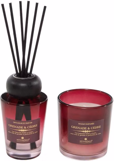 Caja de regalo con aroma a granada y cedro de Atmosphera Créateur D'Intérieur en cristal rojo y naranja con notas frutales y amaderadas