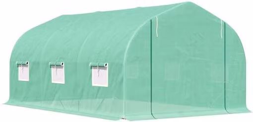Invernadero de túnel Outsunny verde con estructura de acero, cubierta de plástico, 6 ventanas y puerta enrollable, An/P/Al: 450 x 300 x 205 cm