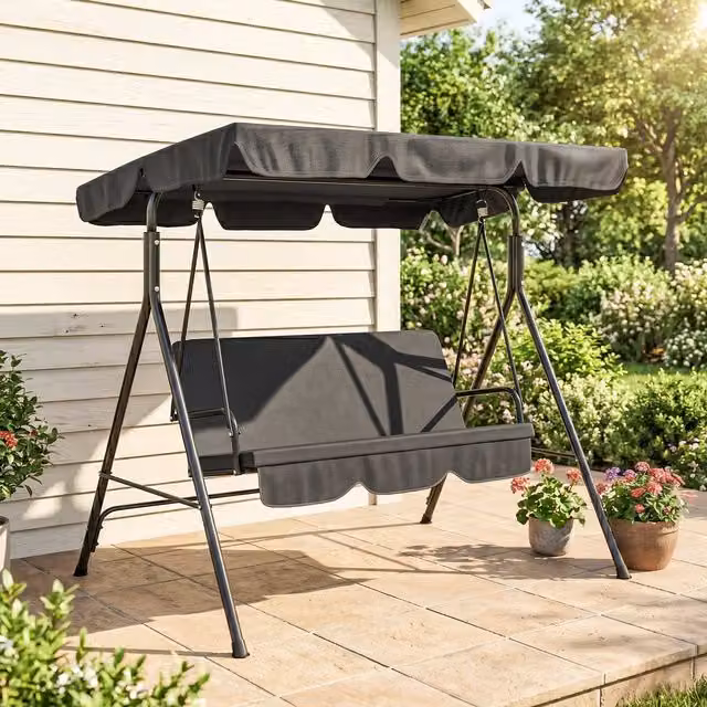 Columpio de jardín Outsunny de 3 plazas con techo ajustable y cojines, estructura de acero lacado y tela negra, An/P/Al: 172 x 110 x 153 cm