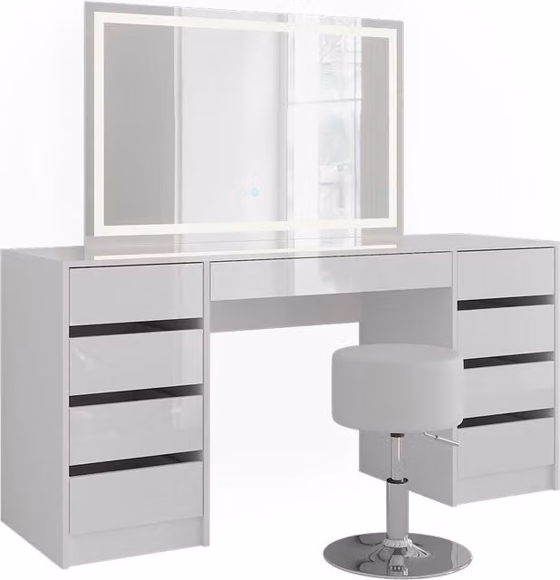 Tocador Sherry Vicco blanco alto brillo con espejo LED y taburete