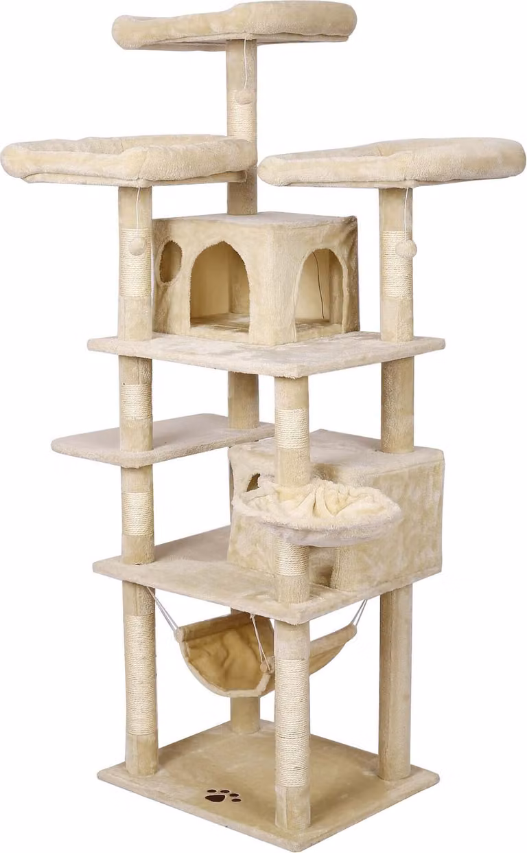 Árbol para gatos Wiltec beige con hamaca, cueva y juguetes integrados, Altura: 172 cm