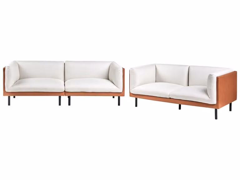 Conjunto de sofás Beliani para 5 adultos con tapicería de tejido en color marrón y blanco y estructura de hierro de estilo moderno para tu salón