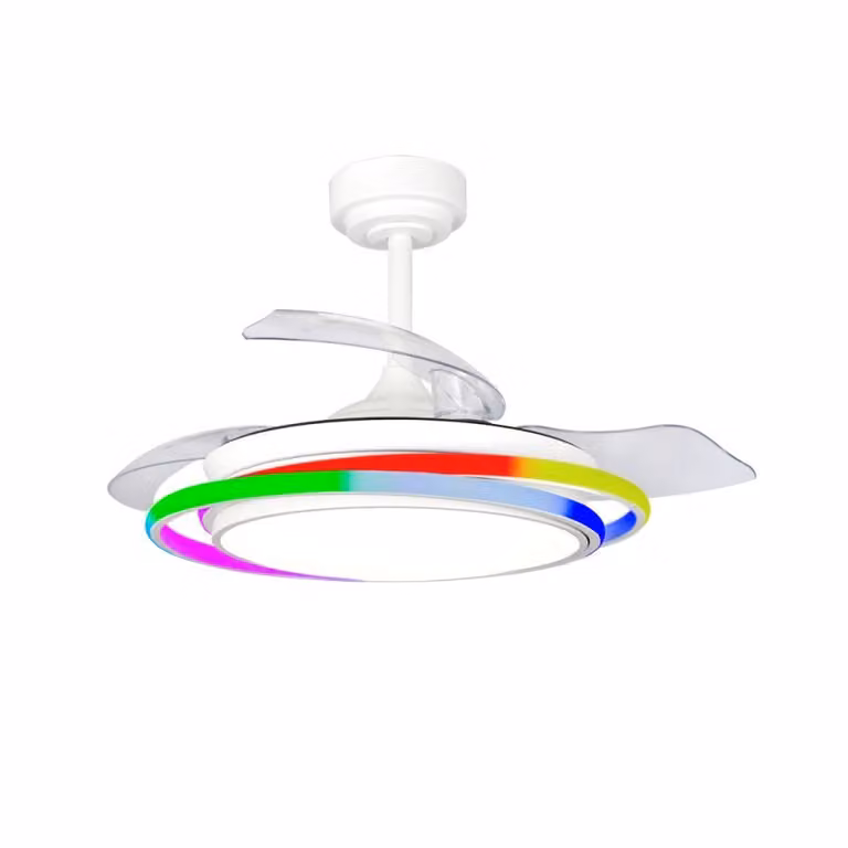 Ventilador de techo CristalRecord Antila Mini en color blanco con iluminación LED RGB y aspas retráctiles de 45 W para áreas de hasta 13 m2