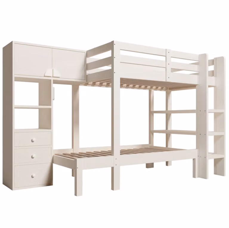 Litera de dos niveles REDOM para niños en blanco con almacenaje, luz bajo la cama y escaleras, fabricada en metal y madera, An/P/Al: 90 x 200 x 176 cm