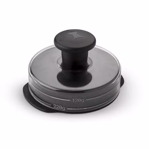 Prensa para hamburguesas Weber con mango desmontable para patties de 200 y 120g, apta para lavavajillas, color negro