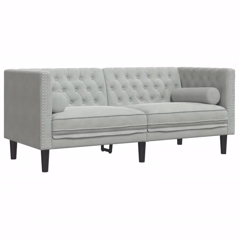 Sofá Chesterfield de 2 plazas vidaXL tapizado en terciopelo gris claro con cojines
