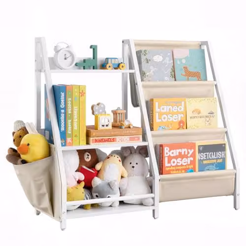 Estantería infantil VEVOR de 3 niveles con soporte para libros y bolsa de almacenamiento, An/P/Al: 85 x 30 x 75,5 cm, color blanco