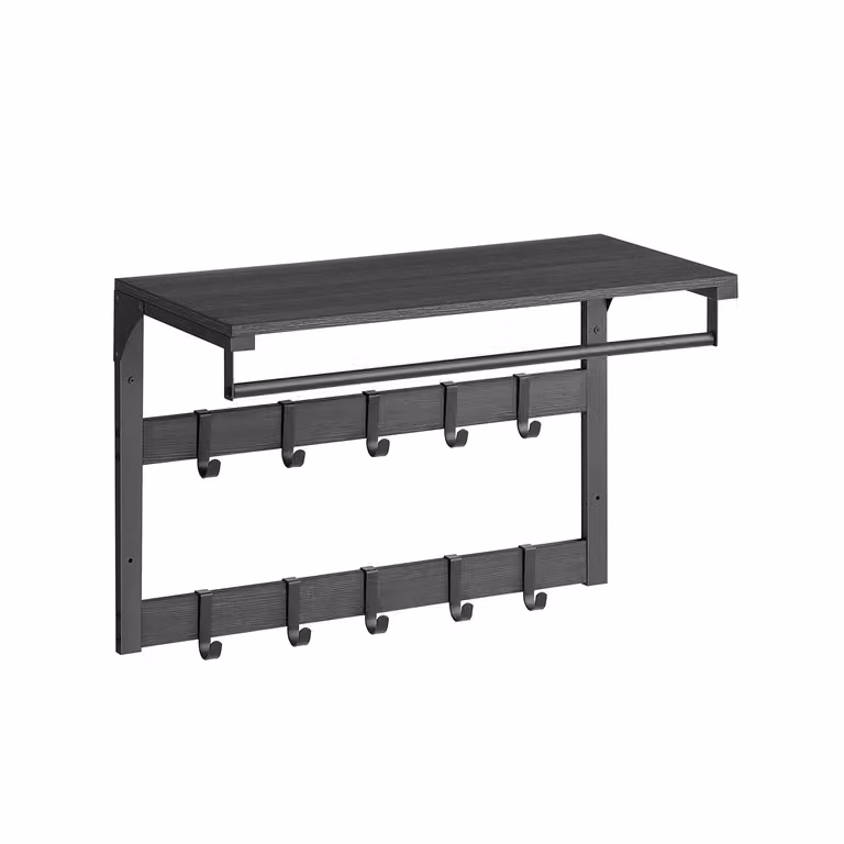 Perchero de pared industrial VASAGLE con estante, barra y 10 ganchos extraíbles, An/P/Al: 65 x 30 x 42 cm, gris antracita y negro