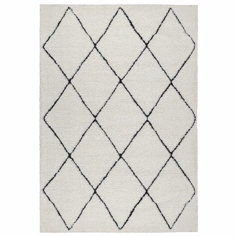 Alfombra shaggy Bahar de pelo largo con motivo de rombos estilo escandinavo, blanco, negro y gris, An/P: 80 x 150 cm