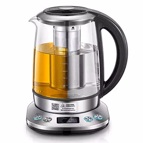Hervidor de agua eléctrico FOHERE de cristal transparente con infusor, 2200 W, capacidad de 1,7 l, con función de mantener caliente y pantalla LCD, color plata