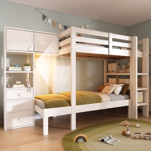 Litera de dos niveles modenvie con luz LED bajo la cama, armario, estantes, escaleras y 3 cajones, color blanco, An/P/Al: 90 x 200 x 188 cm