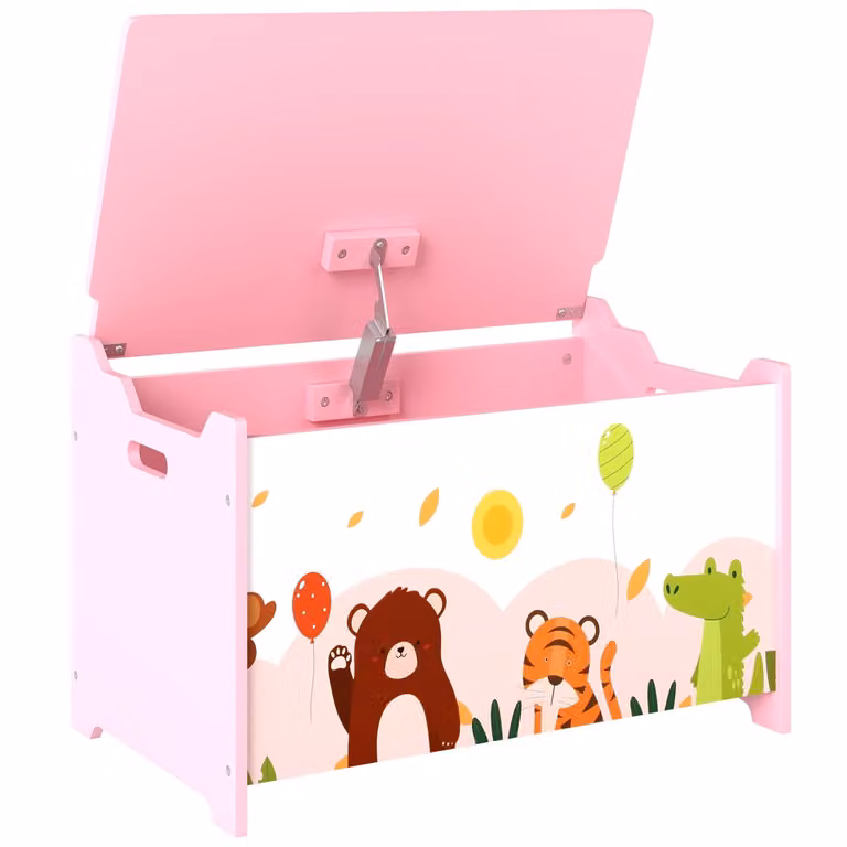 Baúl de juguetes infantil AIYAPLAY en MDF color rosa con diseño animal print, An/P/Al: 60 x 37 x 39 cm