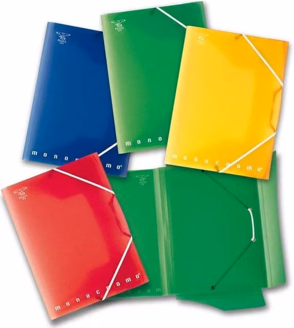 Carpeta multicolor Pigna con banda elástica y cierre de plástico