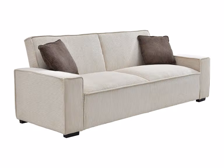 Sofá cama de 3 plazas SEKOTA en terciopelo beige con estructura de madera sólida y sistema click-clack para salón
