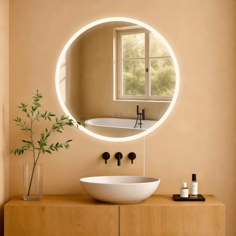 Espejo de baño redondo Laconia con luz LED regulable y sensor táctil, color blanco, Diámetro: 70 cm