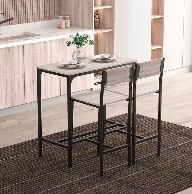 Conjunto de bar BEAOK de 3 piezas con mesa rectangular y 2 sillas en MDF y metal, color beige y marrón, An/P/Al: 89 x 45 x 87 cm