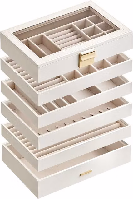 Caja joyero apilable SONGMICS de 6 capas con tapa de cristal, color blanco nube, An/P/Al: 17 x 28 x 25,3 cm