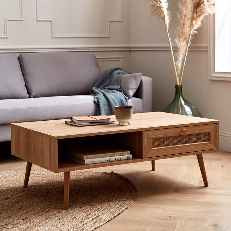 Mesa de centro Boheme de Sweeek en estilo escandinavo con caña y madera, color beige y arena, An/P/Al: 110 x 59 x 39 cm