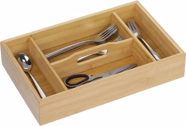 Cubertero organizador de cajones Relaxdays de bambú y MDF con 4 compartimentos y asa, color marrón natural, An/P/Al: 37 x 23 x 7 cm