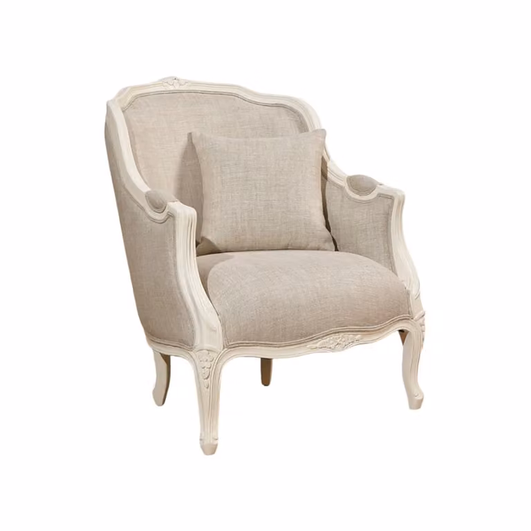 Sillón bergère clásico Robin des Bois de madera maciza y tejido en color beige y blanco