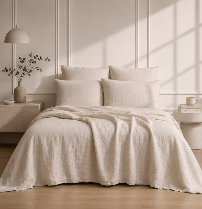 Juego de cama de lino Febronie color beige con funda nórdica de 260 x 240 cm y fundas de almohada de 65 x 65 cm