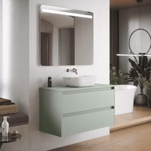 Mueble de baño suspendido B BAÑO TOTAL con lavabo de sobreponer cerámico, acabado roble mate y 2 cajones con cierre suave, An/P/Al: 80 x 45 x 55 cm