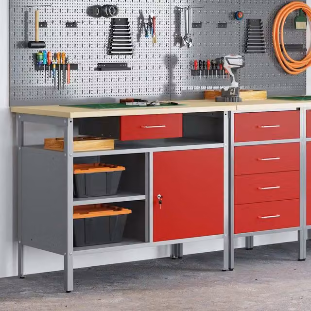 vidaXL Banco de trabajo con cajón en rojo y gris, An/P/Al: 100 x 55 x 85 cm