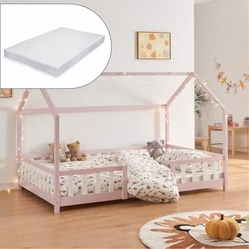 Cama infantil en forma de casita en.casa Sisimiut de madera de pino con colchón de espuma, color rosa y blanco, An/P/Al: 200 x 120 x 135 cm