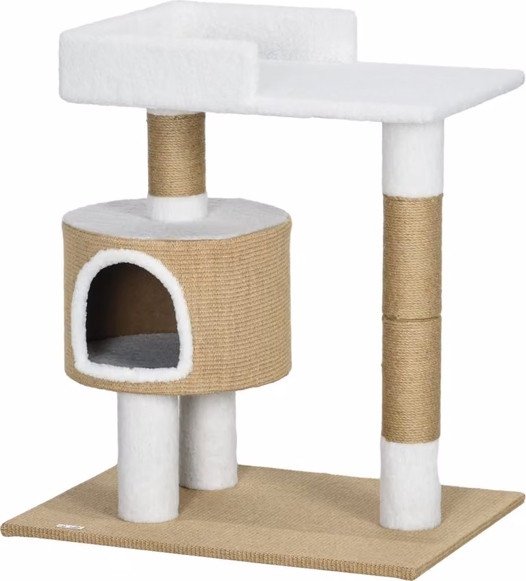 Árbol para gatos Northio con cueva y materiales de yute y MDF, color marrón y blanco, Altura: 79 cm