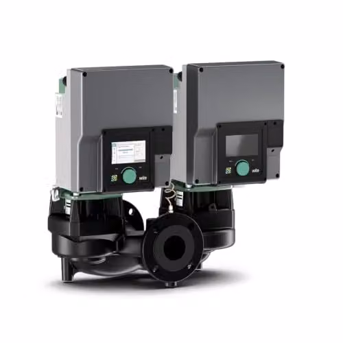 Bomba inline gemelar Wilo Stratos GIGA2.0-D 100/1-9/1,5 de 1,5 kW para instalaciones DN100 PN16 en color gris y acero inoxidable