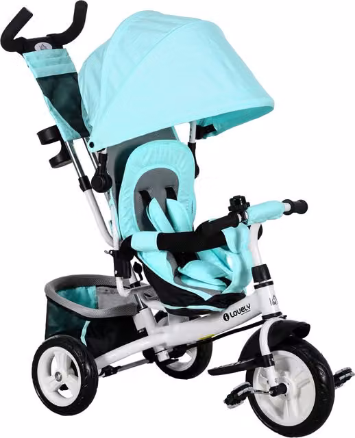 Triciclo para bebés HOMCOM con mango de empuje telescópico, bolso para mamá y portabotellas, color verde mint, para mayores de 12 meses