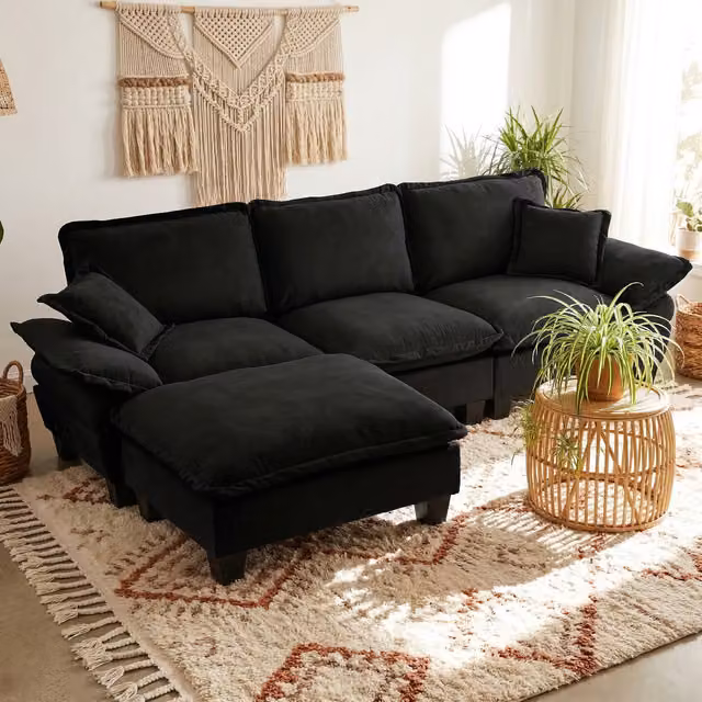 Sofá Modular Esquinero Cloud de KELLANY en Forma de L con Funda de Chenille, Otomana Móvil y Cojines, Color Negro