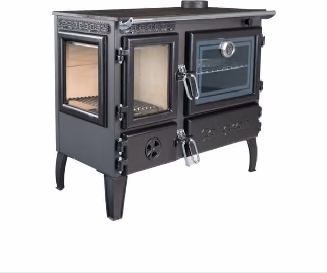 Estufa de leña con horno Gourmet 214-3d-brick de Azura Home Design en color negro con potencia de 6.4 kW y acabado cerámico, An/P/Al: 79.5 x 52 x 85 cm