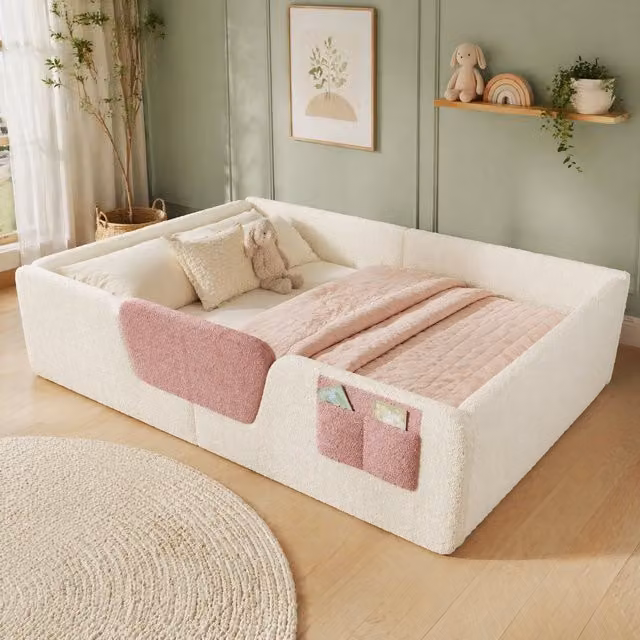 Cama infantil MIVRAY tapizada en terciopelo beige con barreras de seguridad desmontables y compartimentos de almacenaje, An/P/Al: 140 x 190 x 42 cm