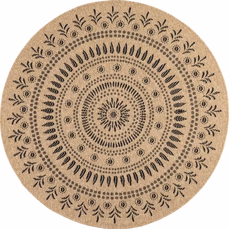 Alfombra Nazar de efecto yute con diseño oriental para interior y exterior, redonda, color negro, arena y beige, Diámetro: 80 cm