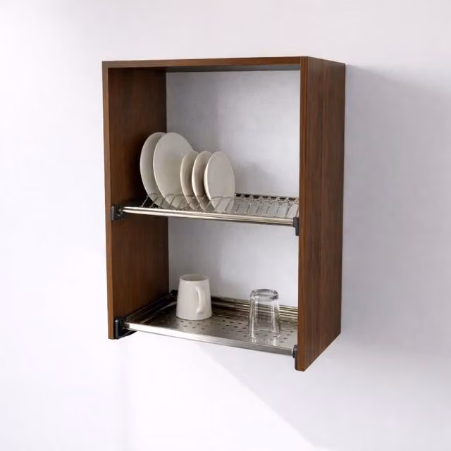 Mueble alto escurridor Alfredo Calandrelli en color nogal con escurridor de acero inoxidable, Al: 60 cm, An: 72 cm, P: 33 cm