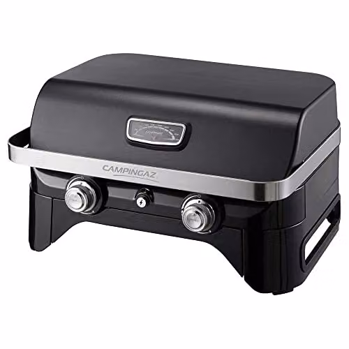 Barbacoa de mesa de gas Campingaz Attitude 2100 LX en color negro con tapa, termómetro y parrilla de hierro fundido, fabricada en acero esmaltado