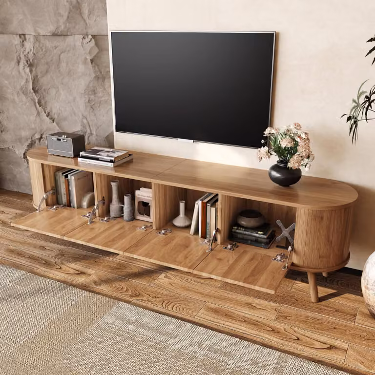 Mueble de TV STILVORA de estilo retro con 4 puertas y tiradores dorados en color roble, An/P/Al: 180 x 38 x 47 cm