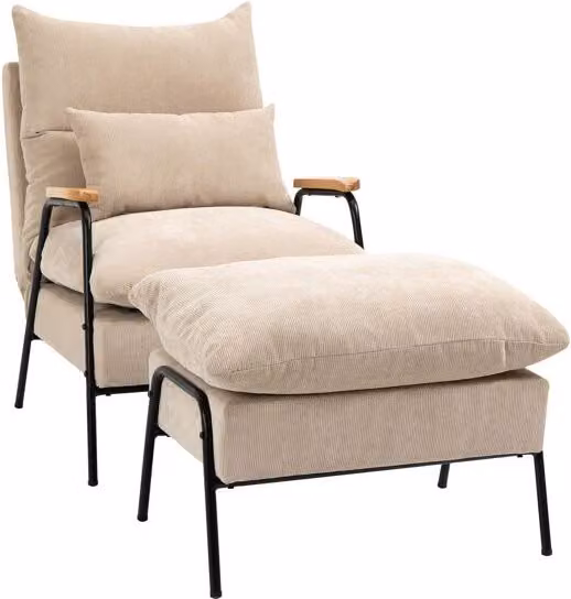 Sillón de relax reclinable con reposapiés HOMCOM tapizado en pana con marco de acero, color beige, An/P/Al: 68 x 91,5 x 88 cm
