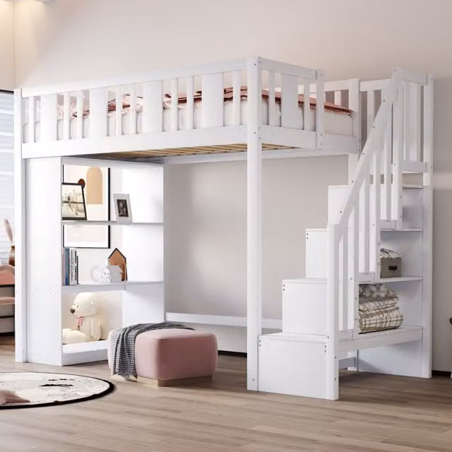 Cama alta infantil MODENVIE con escalera, compartimentos de almacenaje y barandilla, madera y MDF, An/P/Al: 90 x 200 x 160,2 cm, blanco y gris