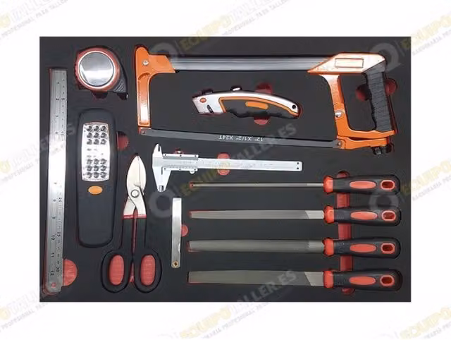 Juego de herramientas Eqt con sierra, cinta métrica, cuchillo de acero inoxidable y lámpara LED en gris y multicolor