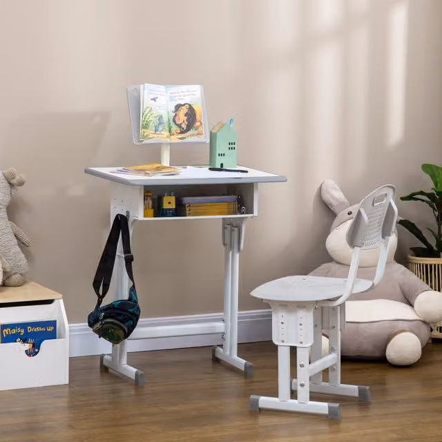 Conjunto de escritorio y silla infantil PZCC regulable en altura para niños de 6 a 12 años en color blanco y gris con cajón y accesorios